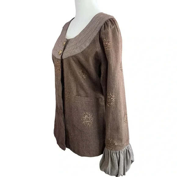 SERRAHNA Statement Blazer Gold Leaf Floral Flounce Cuff Boho Luxe Rare Small - Picture 1 of 12